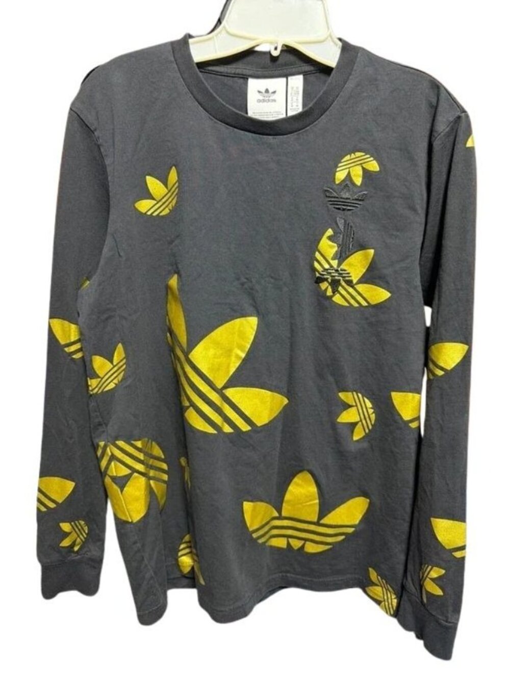 Adidas Womens Black Gold Trefoil Print Long Sleeve Shirt Medium Rare Originals